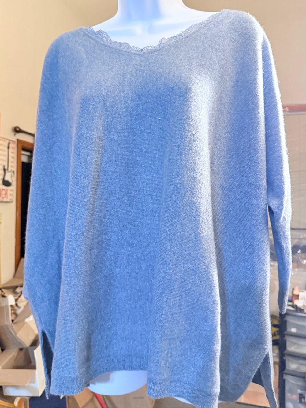 Garnet Hill Sky Blue Lace-Trim Crewneck Sweater - new